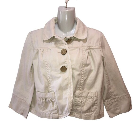 Chicos Womens Medium / 1 Cream Big Button Front Pockets Denim Jean Jacket Coat - Picture 1 of 9